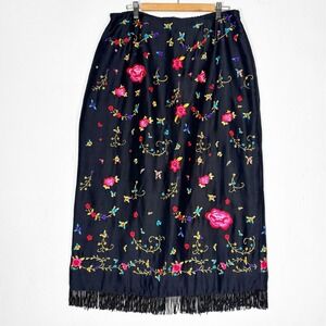 VTG 90s Black Silk Embroidered Floral Beaded Fringe Midi Skirt Size 18 Clio II